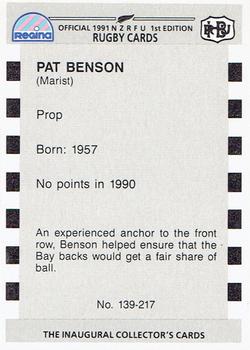 1991 Regina NZRFU 1st Edition #139 Pat Benson Back